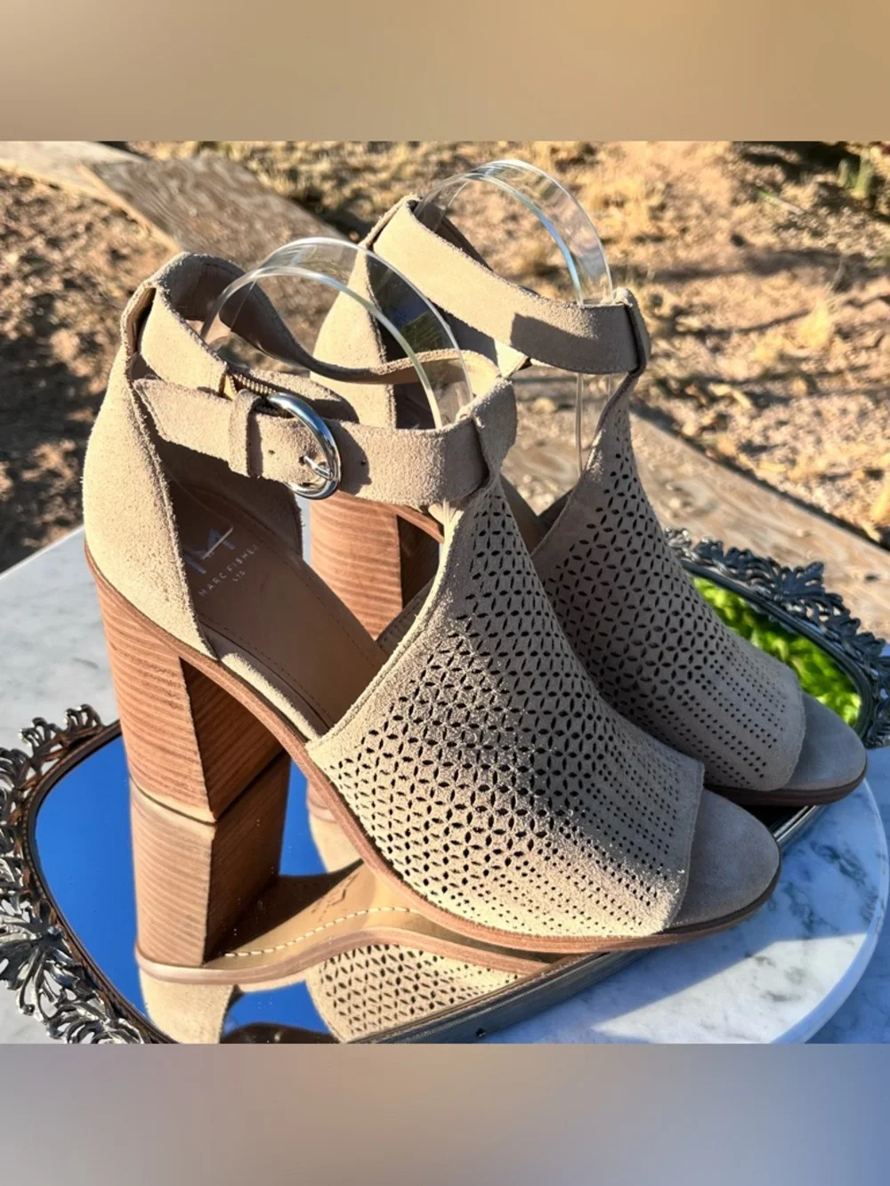Marc Fisher Vixen Peep Toe City Sandal, 9.5, Tan Perforated Suede, 3.75” Heel - Picture 6 of 15